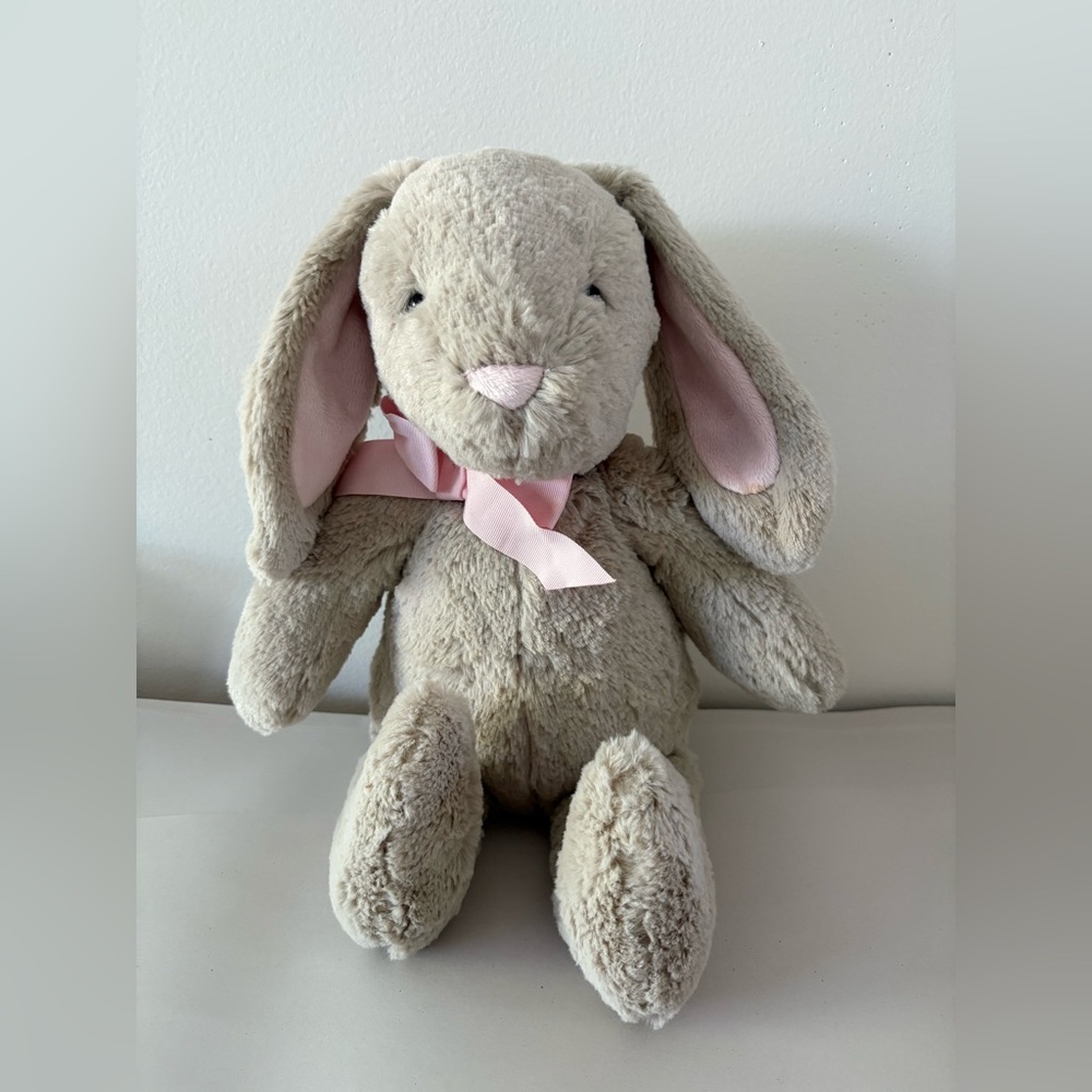 Pottery Barn Plush Gray Bunny with Pink Ears and Bow 21”